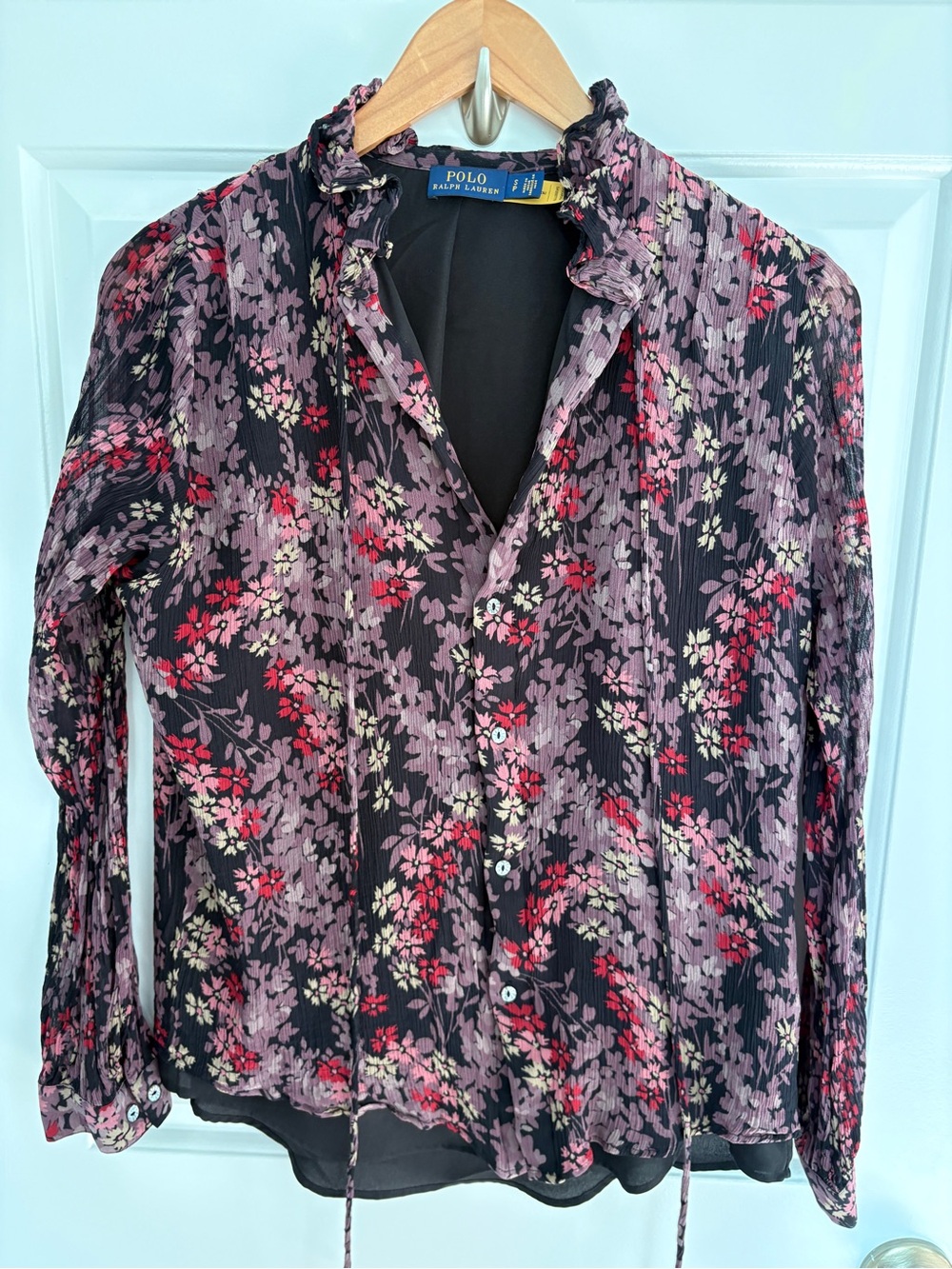 Polo Ralph Lauren Black Floral Ruffle Collar Button-Down Shirt Small Petite
